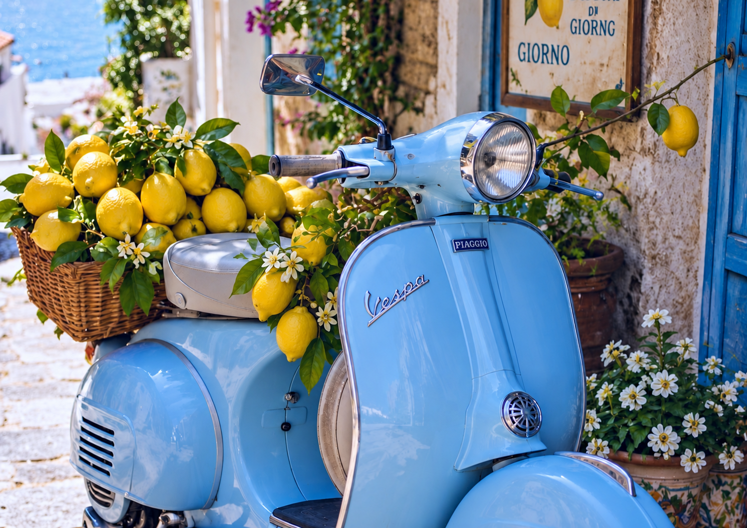 SOUDA Sparkling Drinks: una Vespa celeste con limones en una calle mediterránea